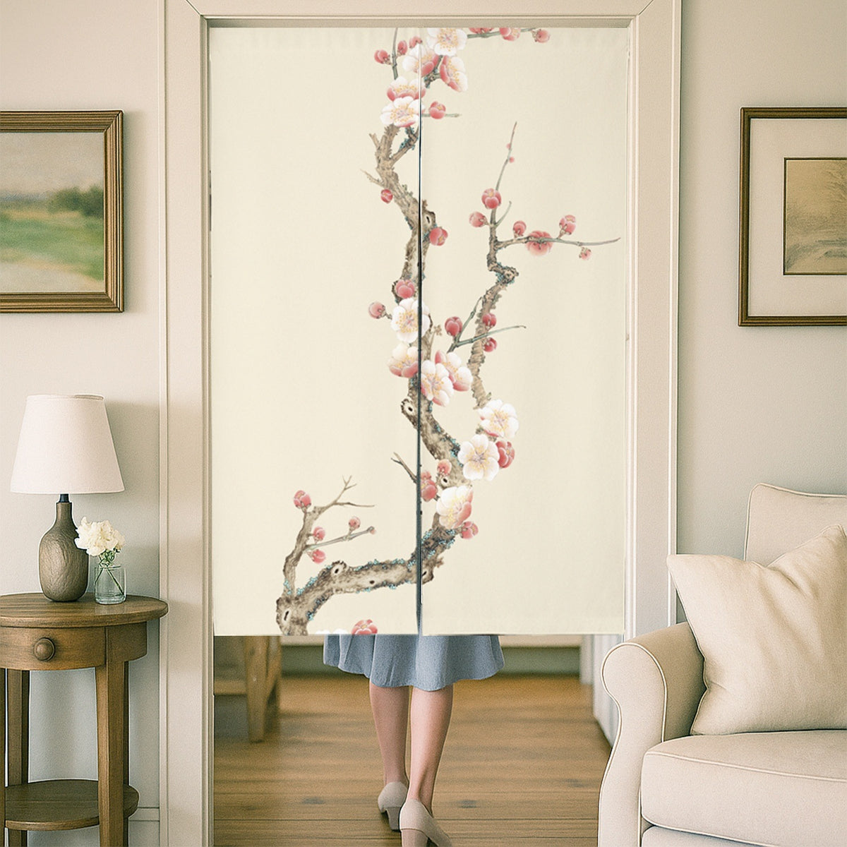Feblilac Cream Ground Plum Blossom Door Curtain