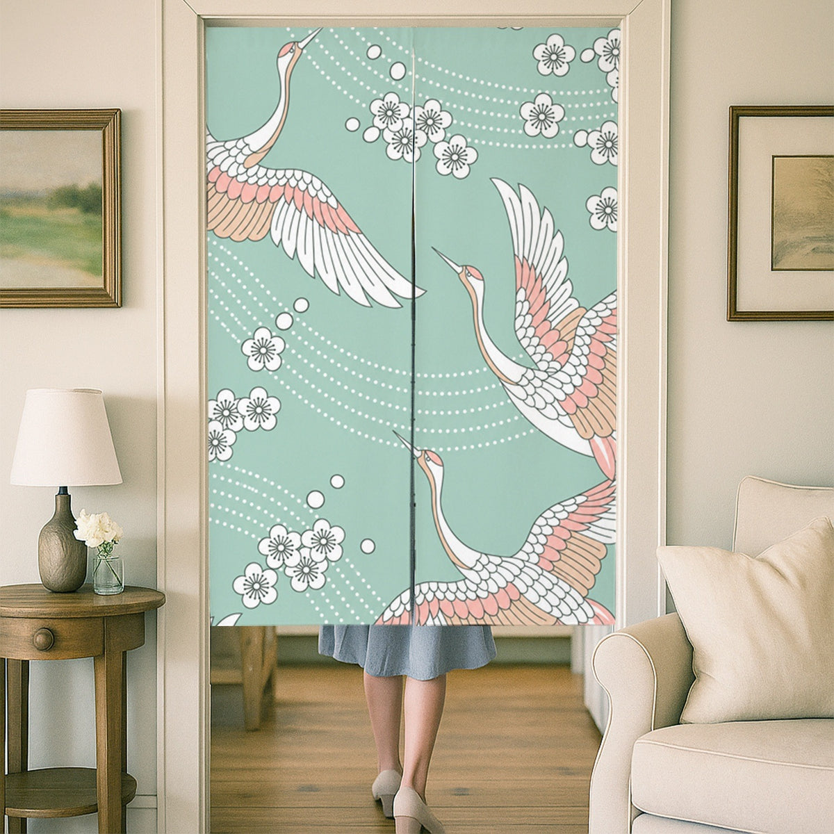 Feblilac Crane and Cherry Blossom Door Curtain
