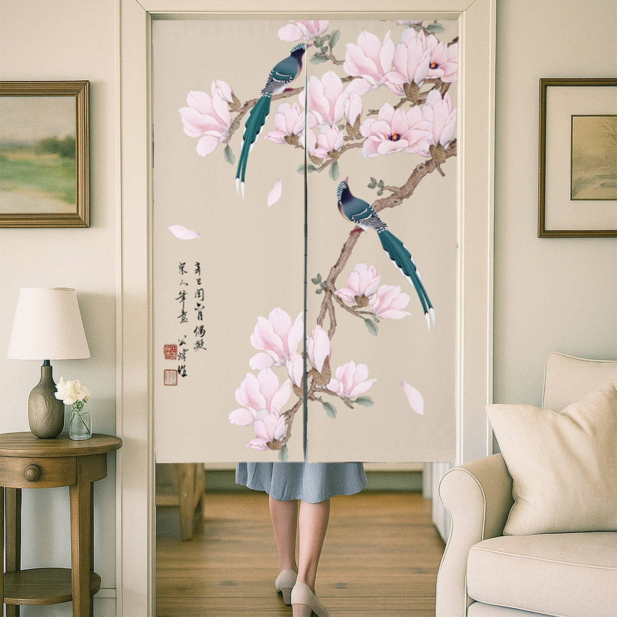 Feblilac Magnolia and Magpie Door Curtain
