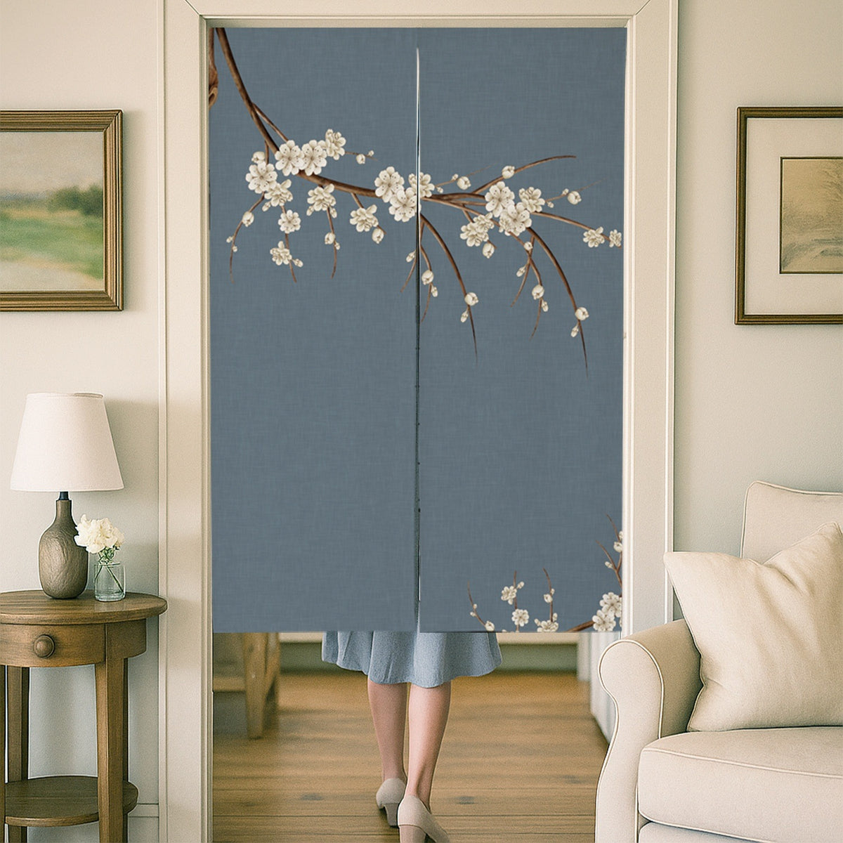 Feblilac Blue Floral Door Curtain