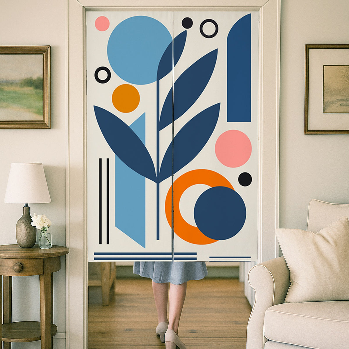 Feblilac Blue and Orange Modern Leaf Circles Door Curtain