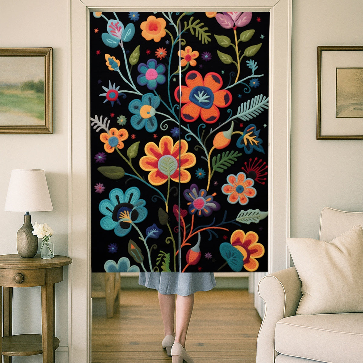 Feblilac Black Ground Floral Pattern Door Curtain