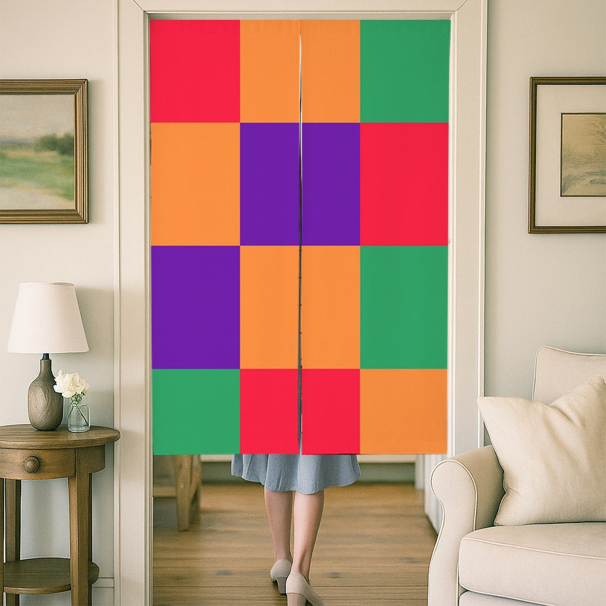 Feblilac Colorful Checkerboard Door Curtain