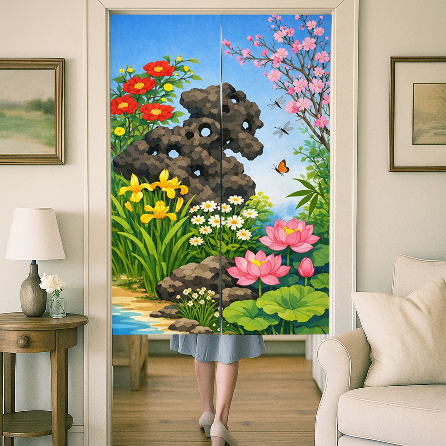 Feblilac Floral Garden Doorway Curtain, Japanese Style Noren Curtain