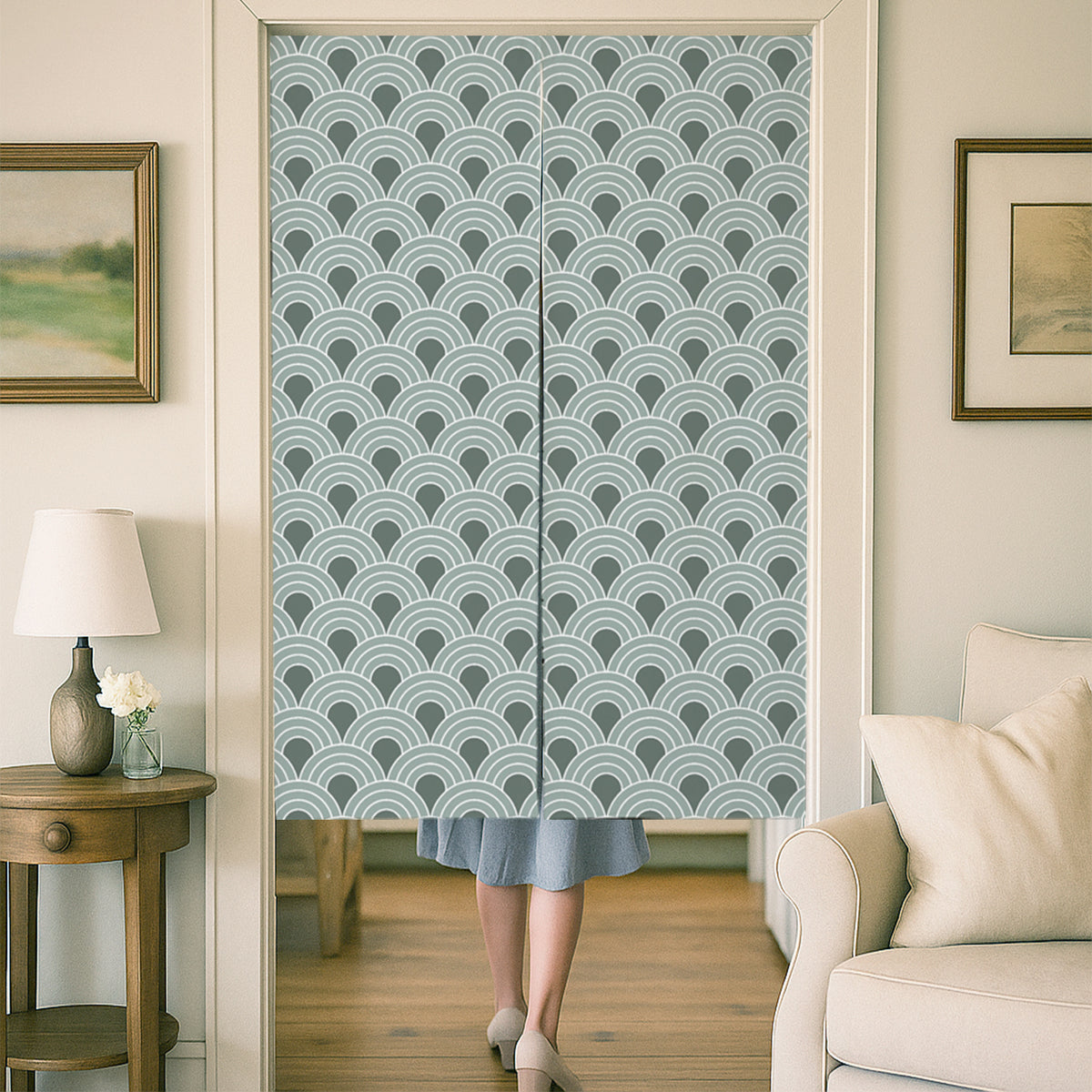 Feblilac Seigaiha Wave Green door curtain at a wooden door frame