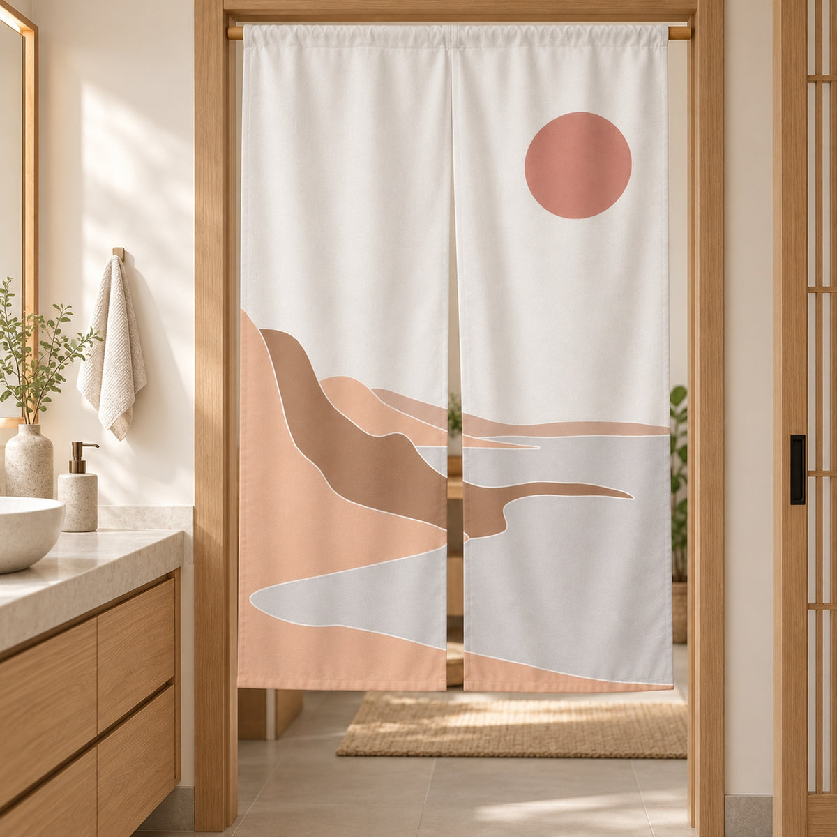 Feblilac Soft Red River door curtain at a wooden door frame