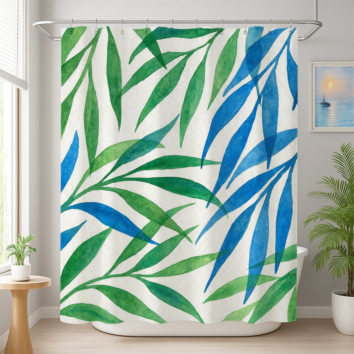 Feblilac Blue and Green Willow Leaves Shower Curtain