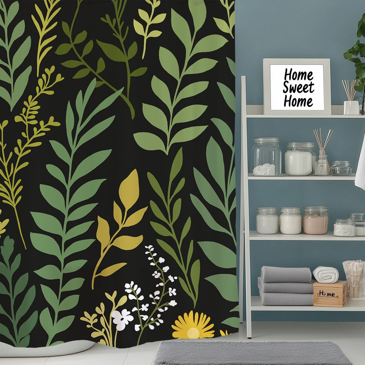 Feblilac Green Leaves on Black Shower Curtain