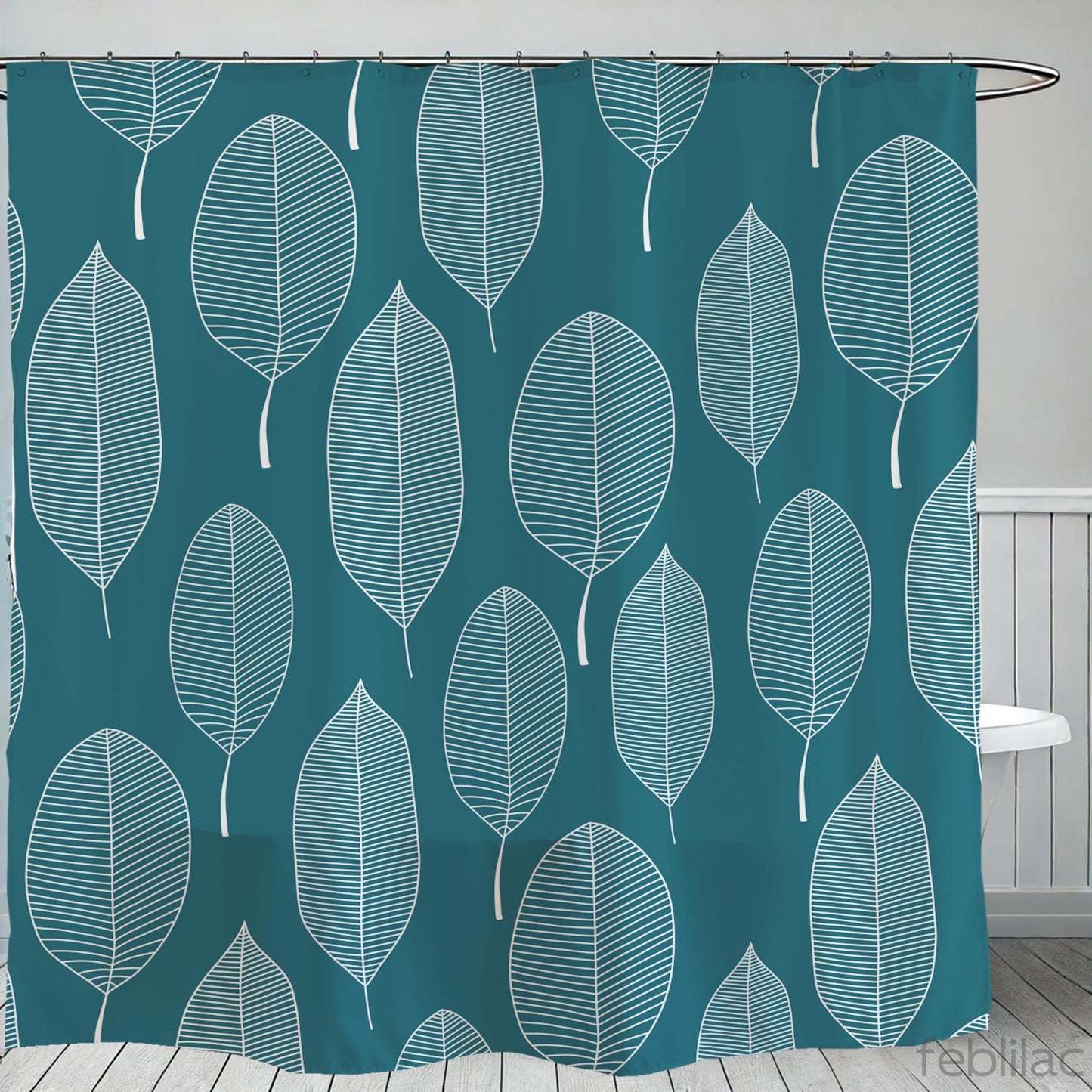 Feblilac White Leaves Green Background Shower Curtain with Hook