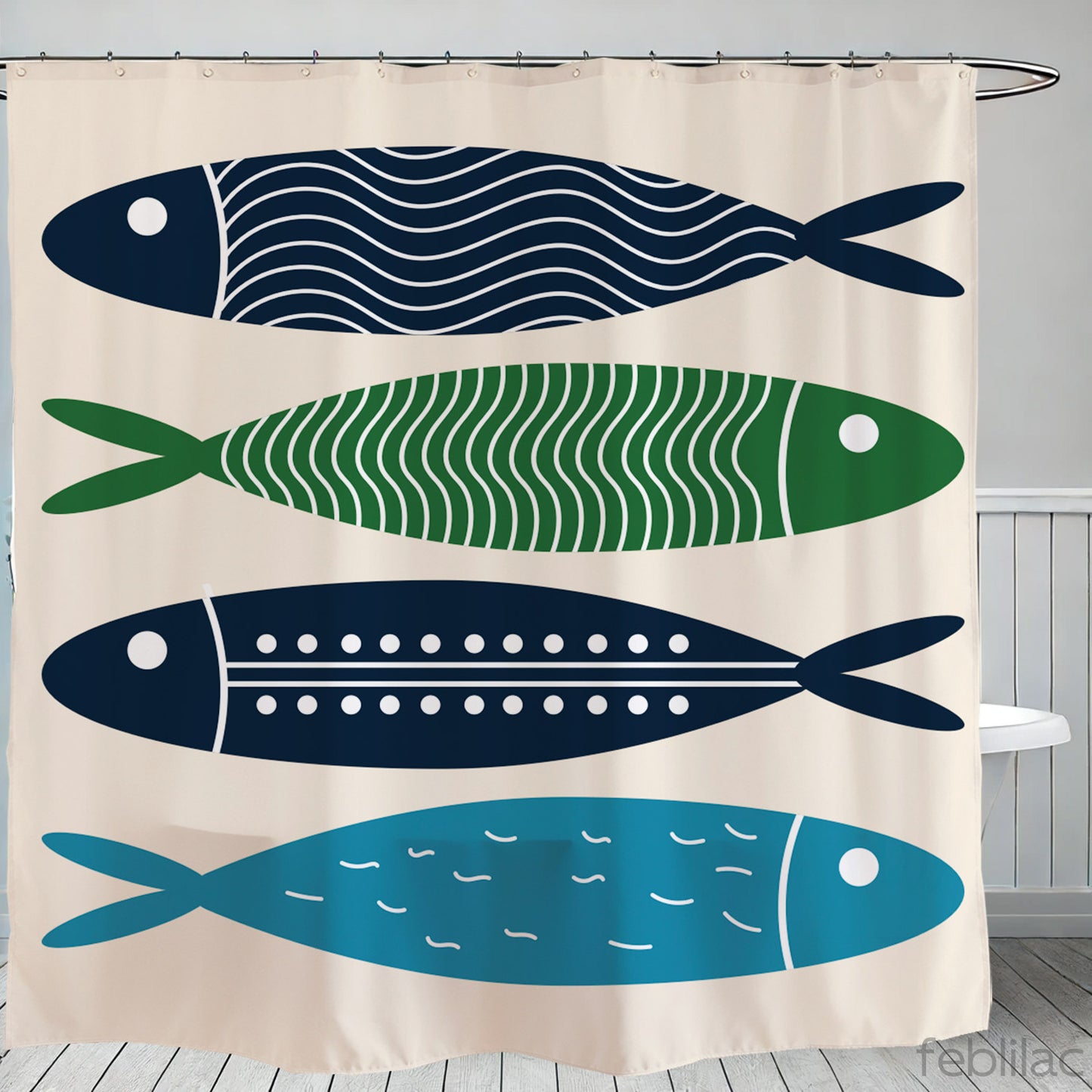 Feblilac Blue Simple Fish Shower Curtain with Hook