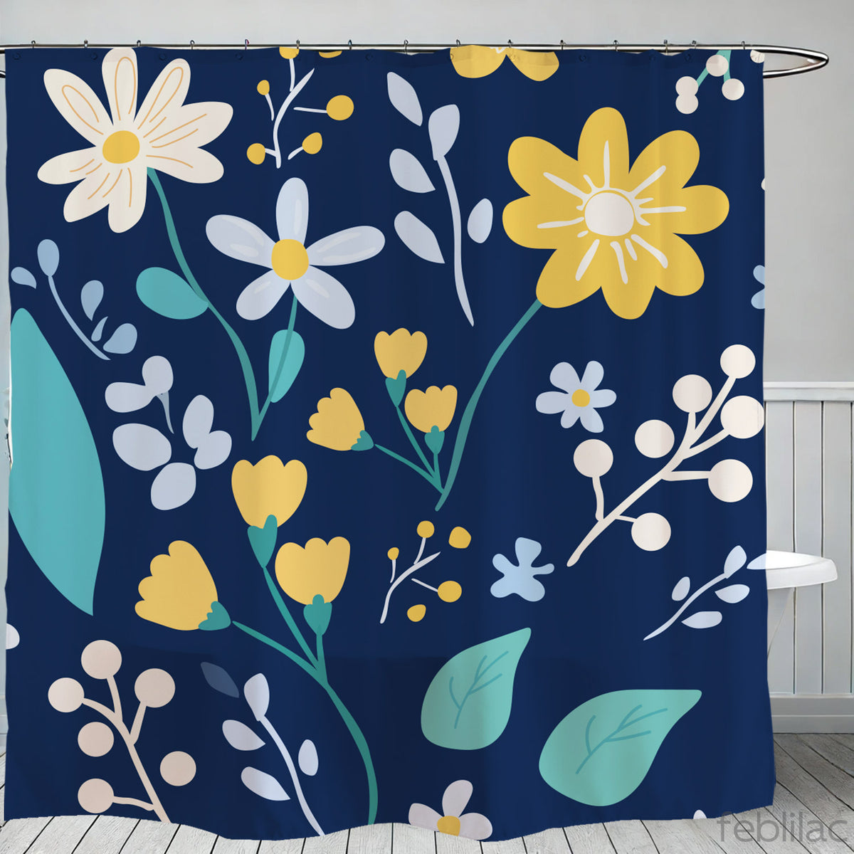 Feblilac Flower Pattern shower curtain with a bathtub and folded towels