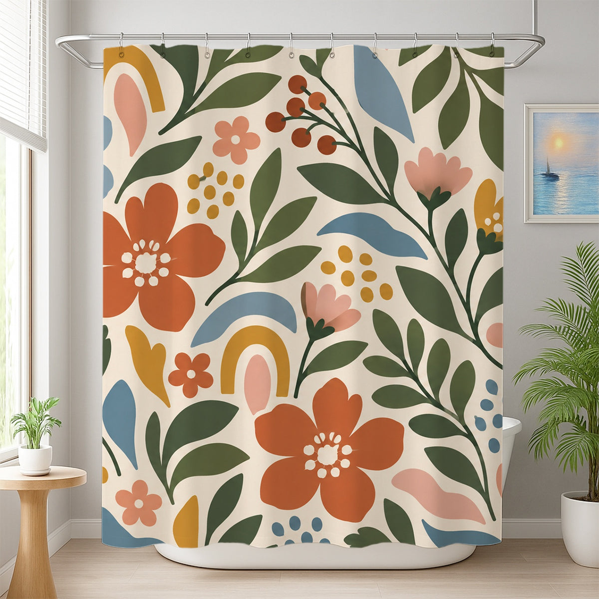 Feblilac Modern Big Blooms shower curtain beside a vanity and plant