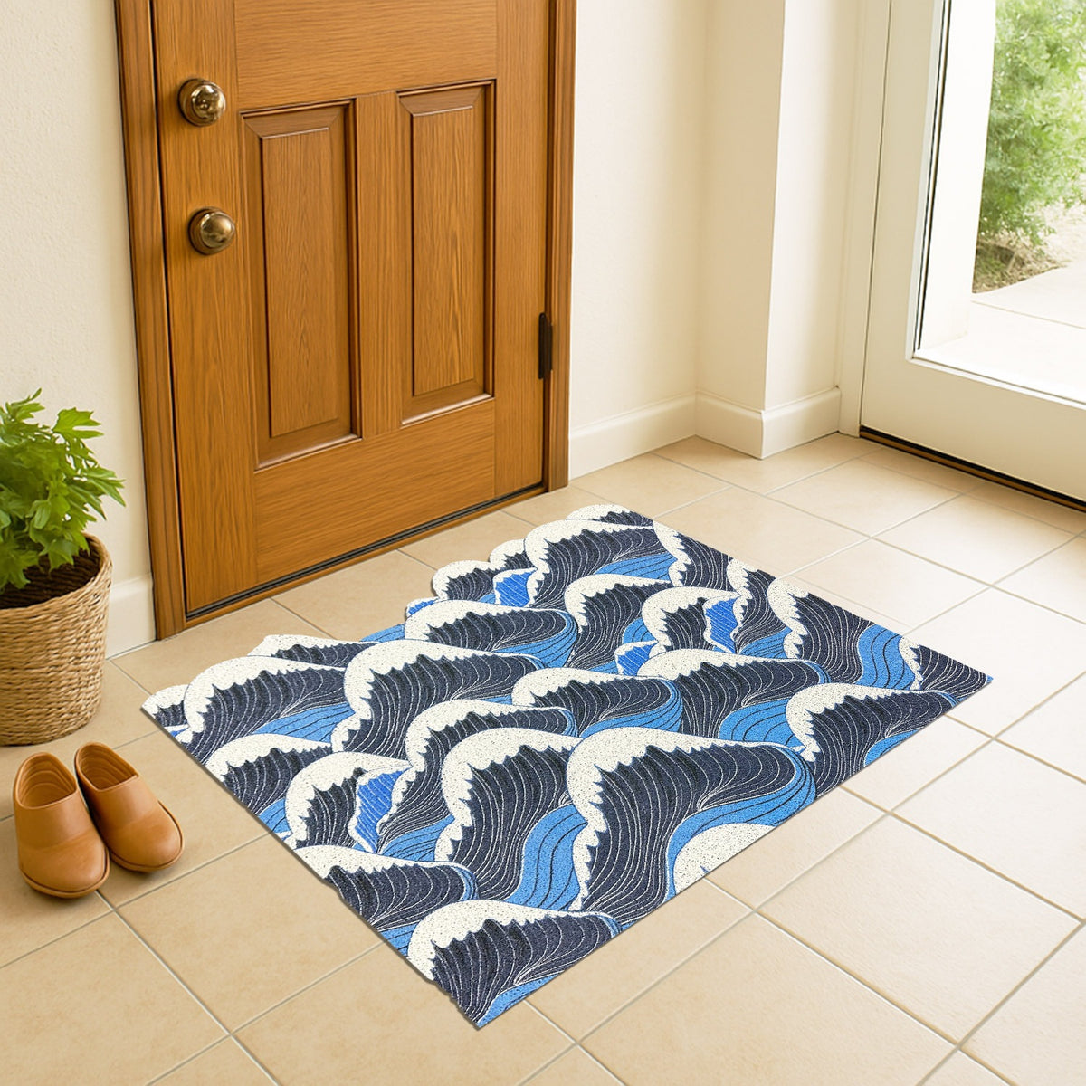 Feblilac Irregular Blue and White Waves PVC Coil Door Mat