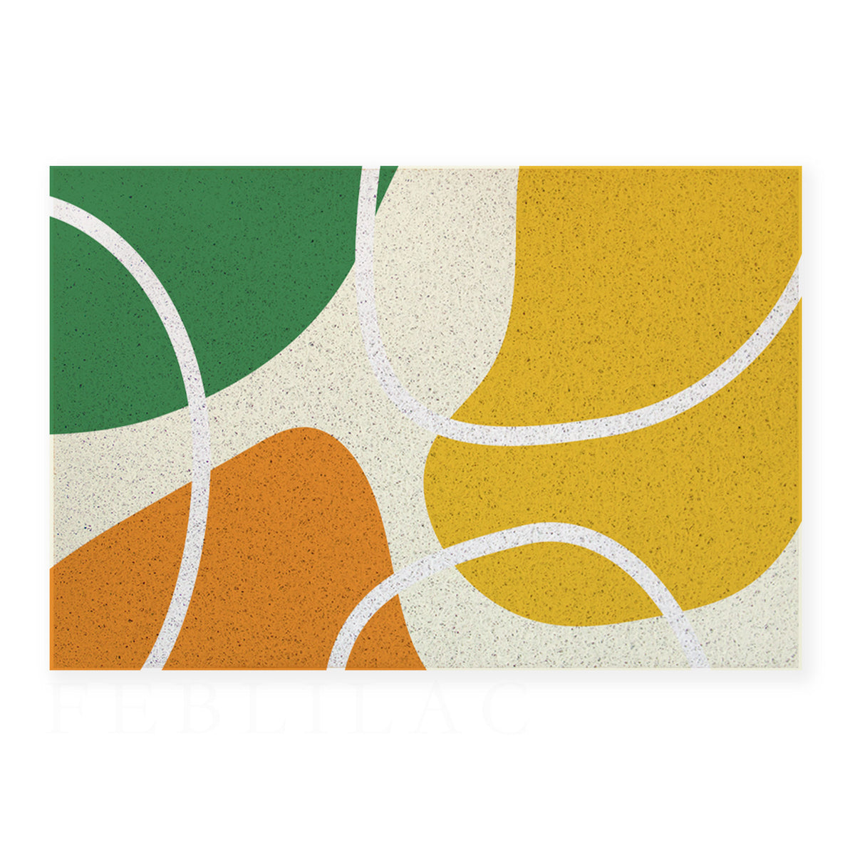 Feblilac Red Yellow Green Abstract Curves PVC coil door mat flat lay on a clean white background