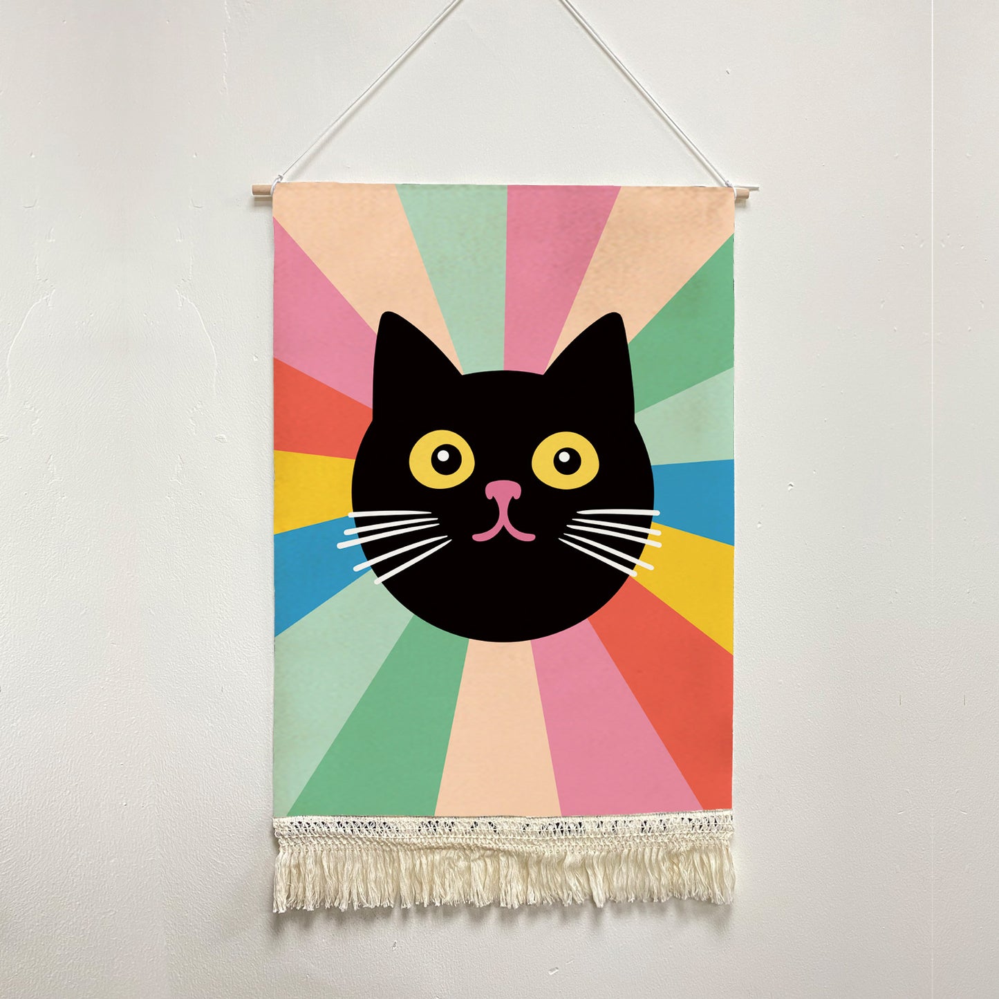 Feblilac Black Cat Colorful Stripes Handmade Macrame Hanging Wall Decor Art