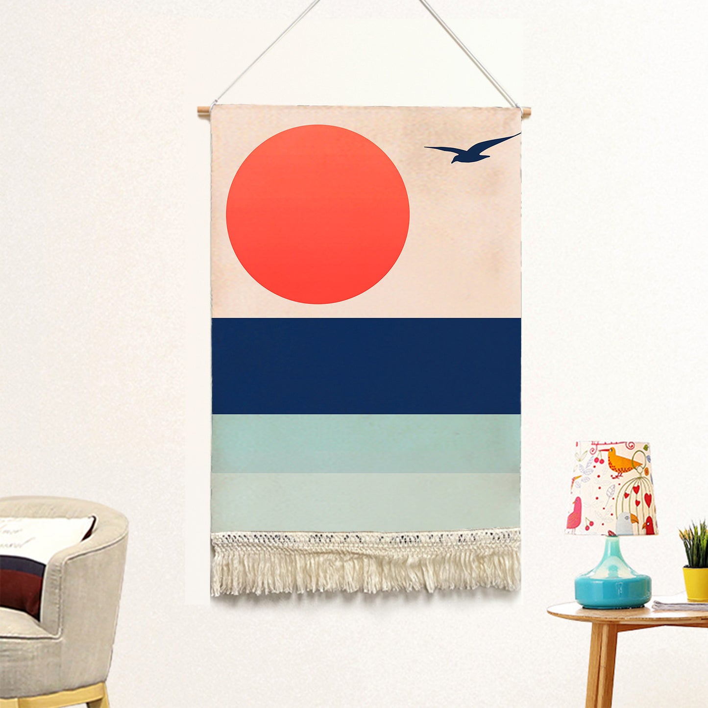 Feblilac Seagull Sunset Blue Tide Handmade Macrame Hanging Wall Decor Art