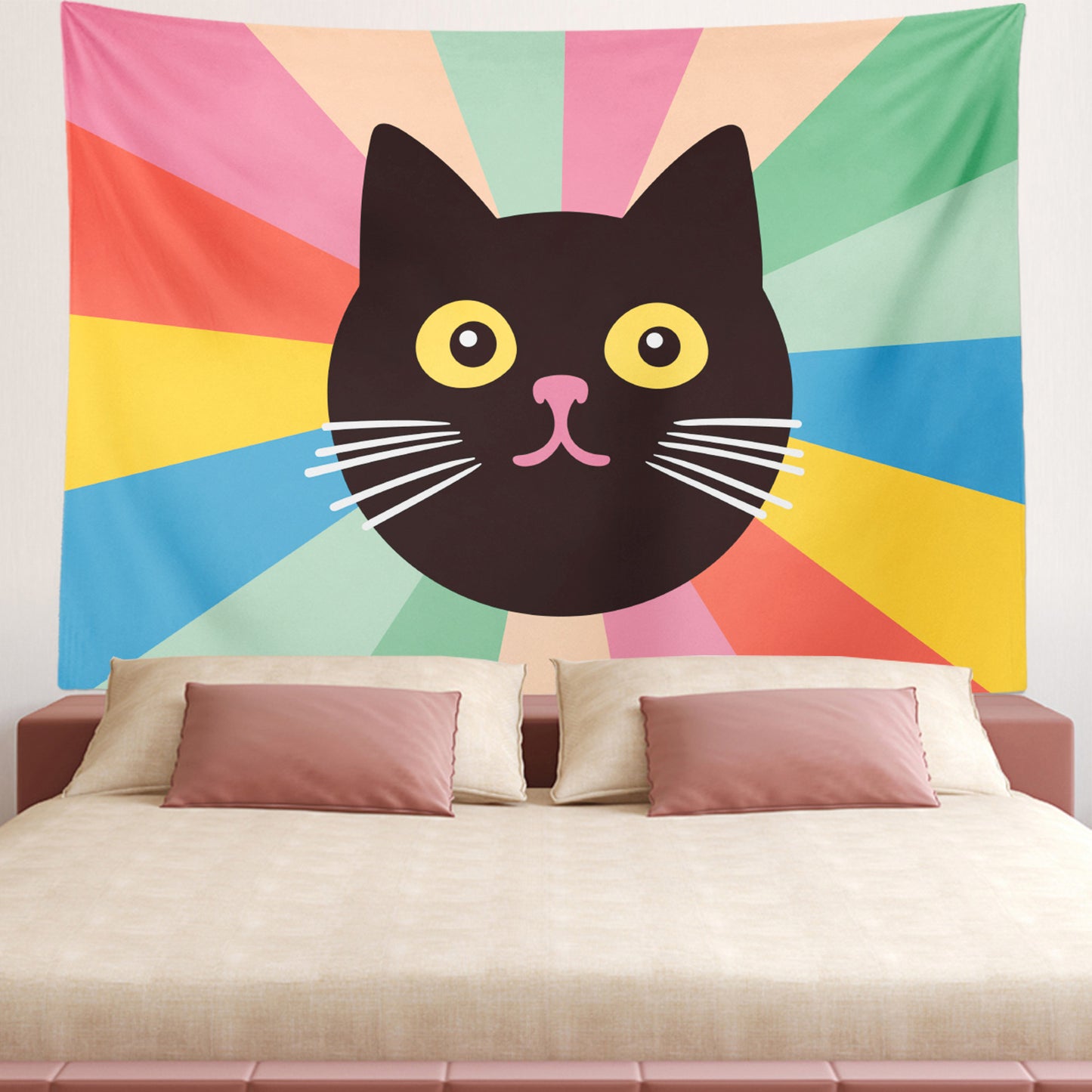 Feblilac Black Cat Colorful Stripes Tapestry Wall Decor