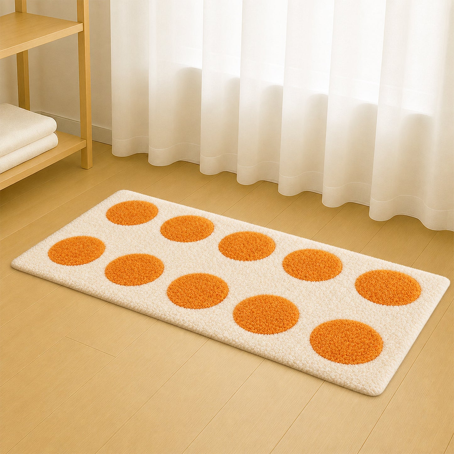 Moon phase tufted runner rug in bedroom with wood floor