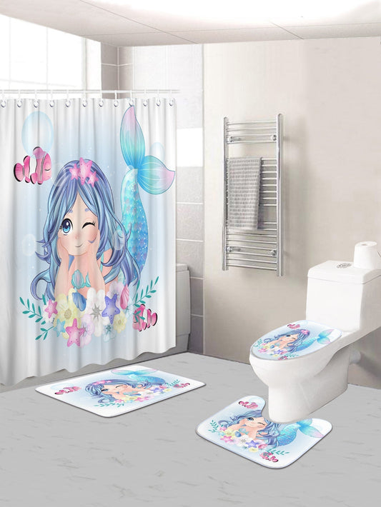 4pc Mermaid Print Bath Mat and Shower Curtain