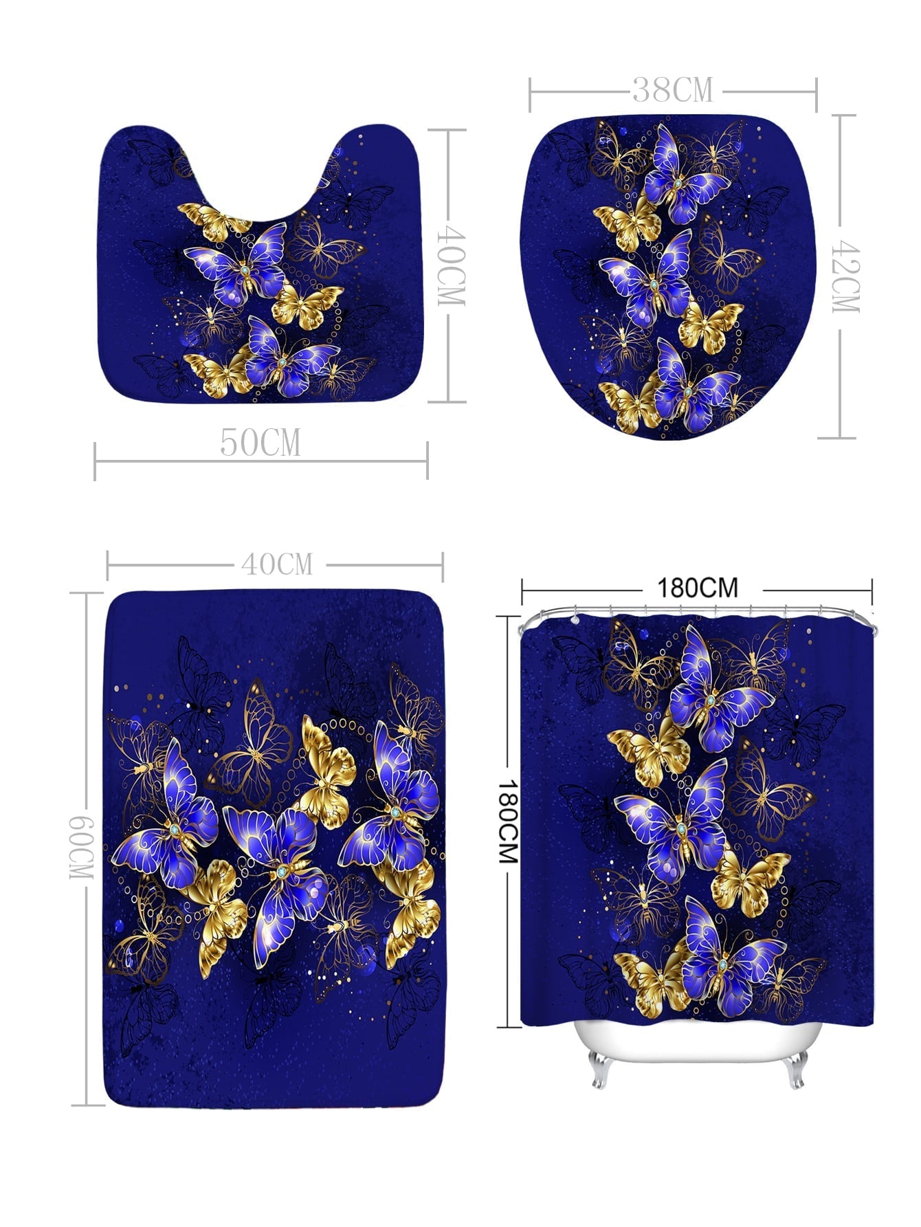 4 pc Butterfly Print Bath Rug and 1pc Shower Curtain