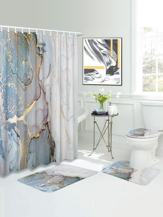 4pc Marble Pattern Bath Rug and Shower Curtain