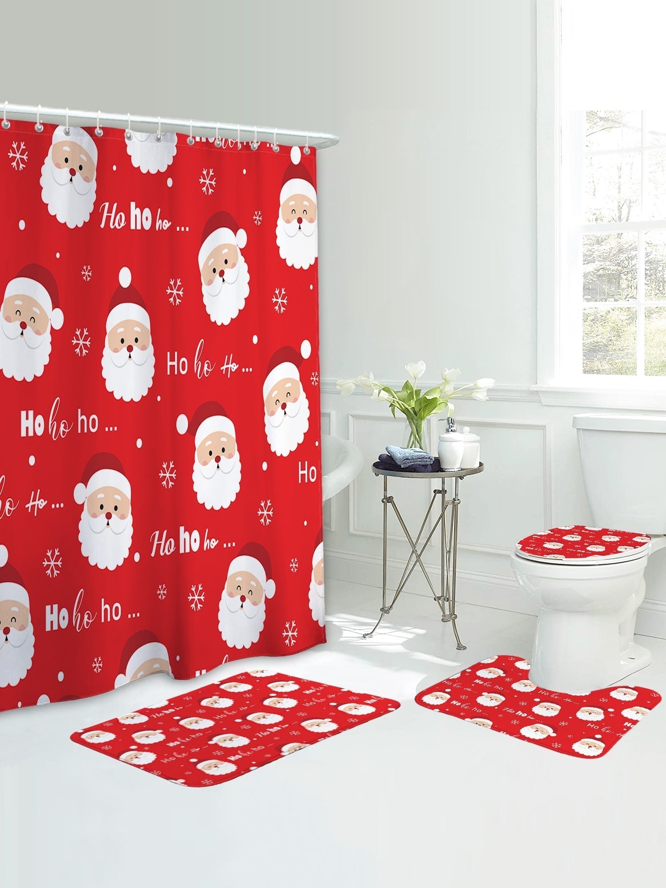 4pc Christmas Santa Claus Bath Rug And  Shower Curtain