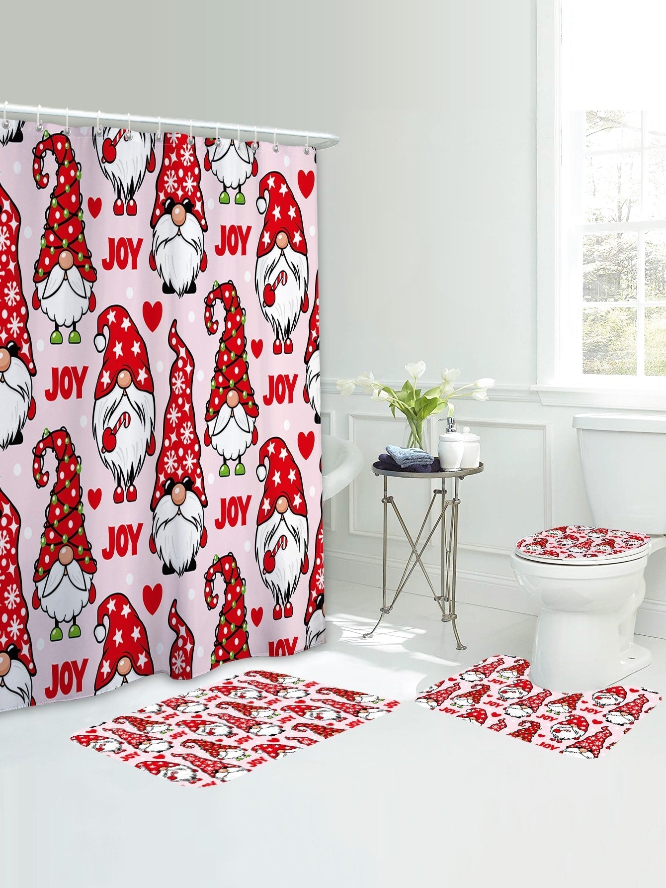 4pc Christmas Gnome Pattern Bath Rug And 1pc Shower Curtain