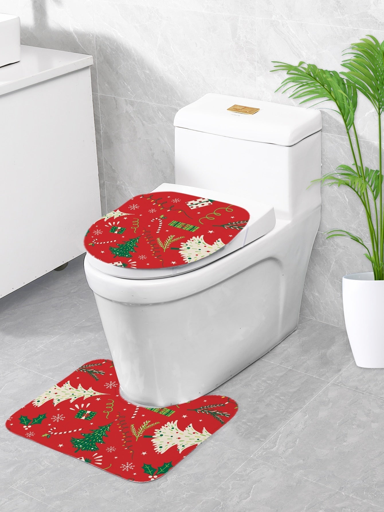 4pc Christmas Tree Pattern Bath Rug and Shower Curtain