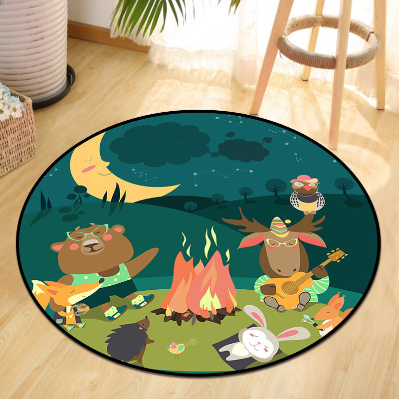 Fun Animal Picnic Drawing Rug Multi-Color Childrens Art Rug Synthetics Anti-Slip Machine Washable Stain Resistant Rug for Nursery