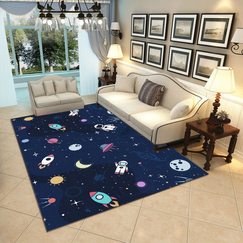 Cartoon Boys Bedroom Rug Multi-Colored Spacecraft Pattern Rug Polyester Stain Resistant Anti-Slip Backing Pet Friendly Rug