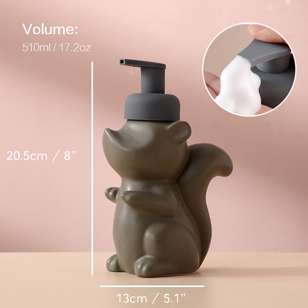 Ceramic Soap Dispenser, Squirrel Foaming Pump Bathroom Bottle, Animal Design, Refillable Reusable Lotion Pump for Bathroom Kitchen, 510ml/17.2oz