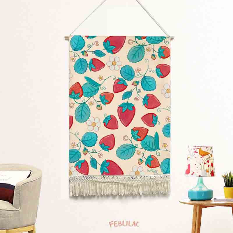 Feblilac Strawberries and Cream Handmade Macrame Hanging Wall Decor Art, Woven Tapestry, Wall Decoration by AmeliaRose Illustrations from UK