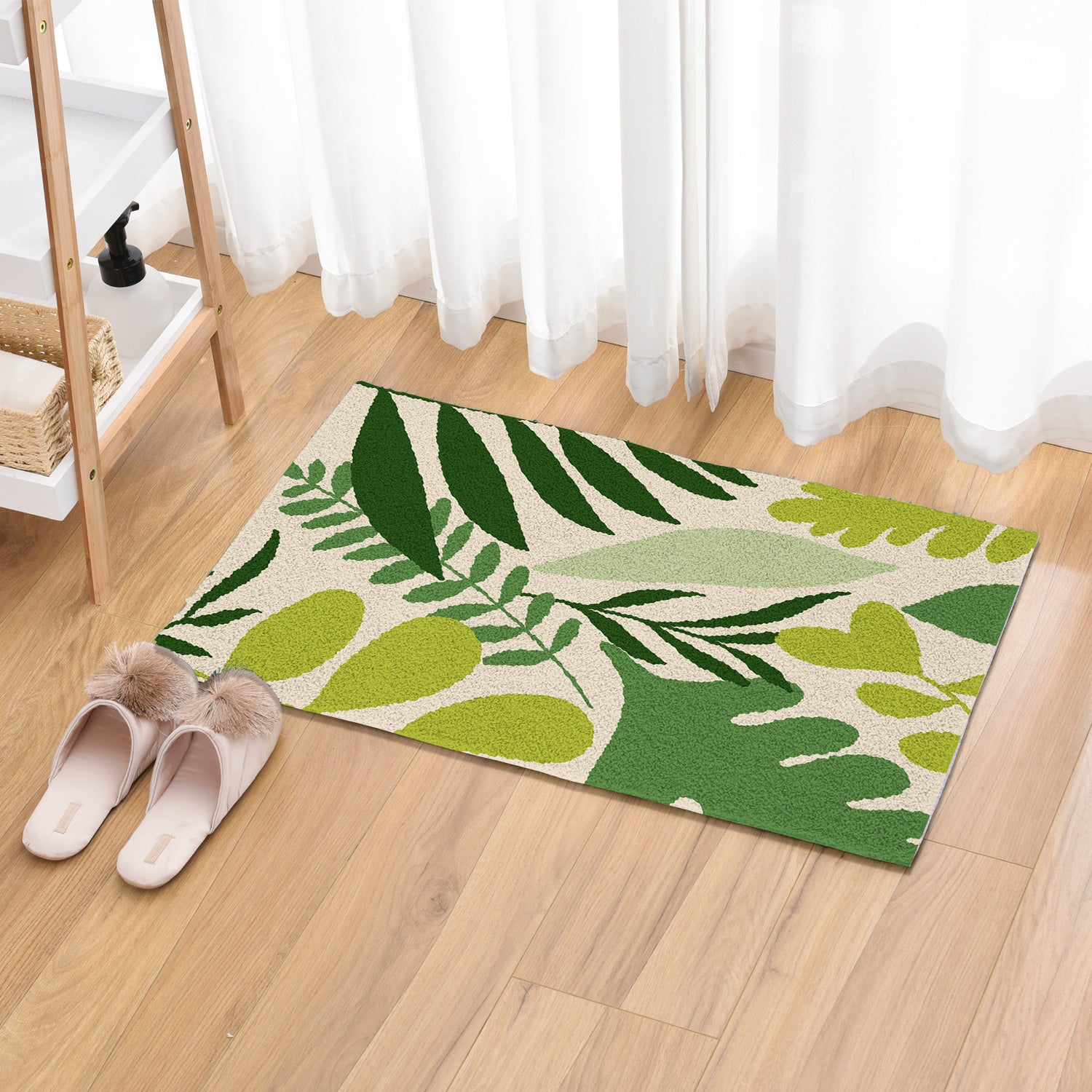 Feblilac Green Tropical Plant Leaves Tufted Bath Mat, Green Leaves Rug