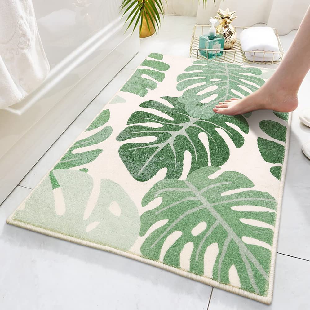 Green Leaves Bathroom Rugs Mat, Non Slip Leaf Microfiber Bath Mat