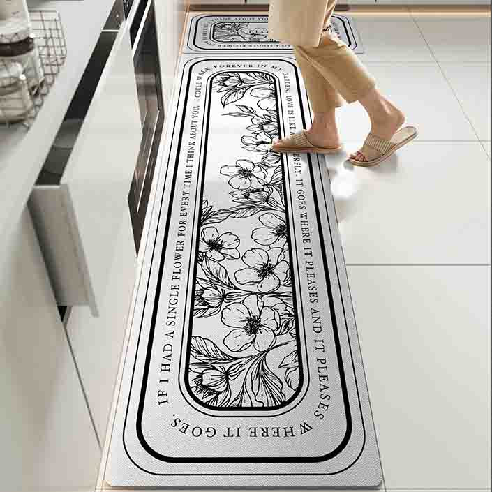 Feblilac Black and White Flower PVC Leather Kitchen Mat, Nature