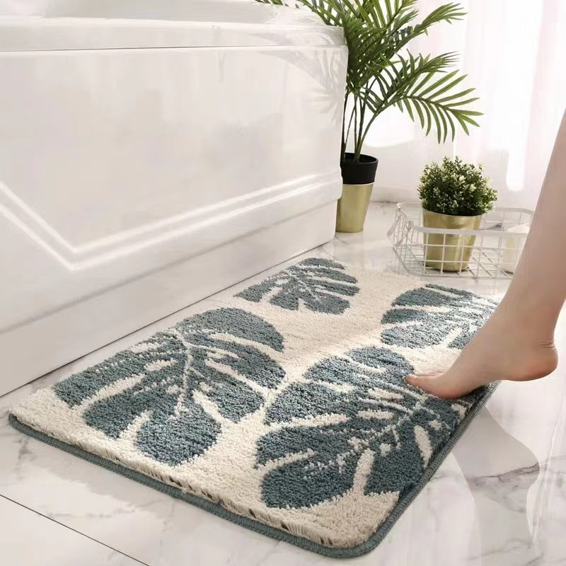 Feblilac Grey Leaves and Flower Bath Mat, Floral Bathroom Rugs Mat