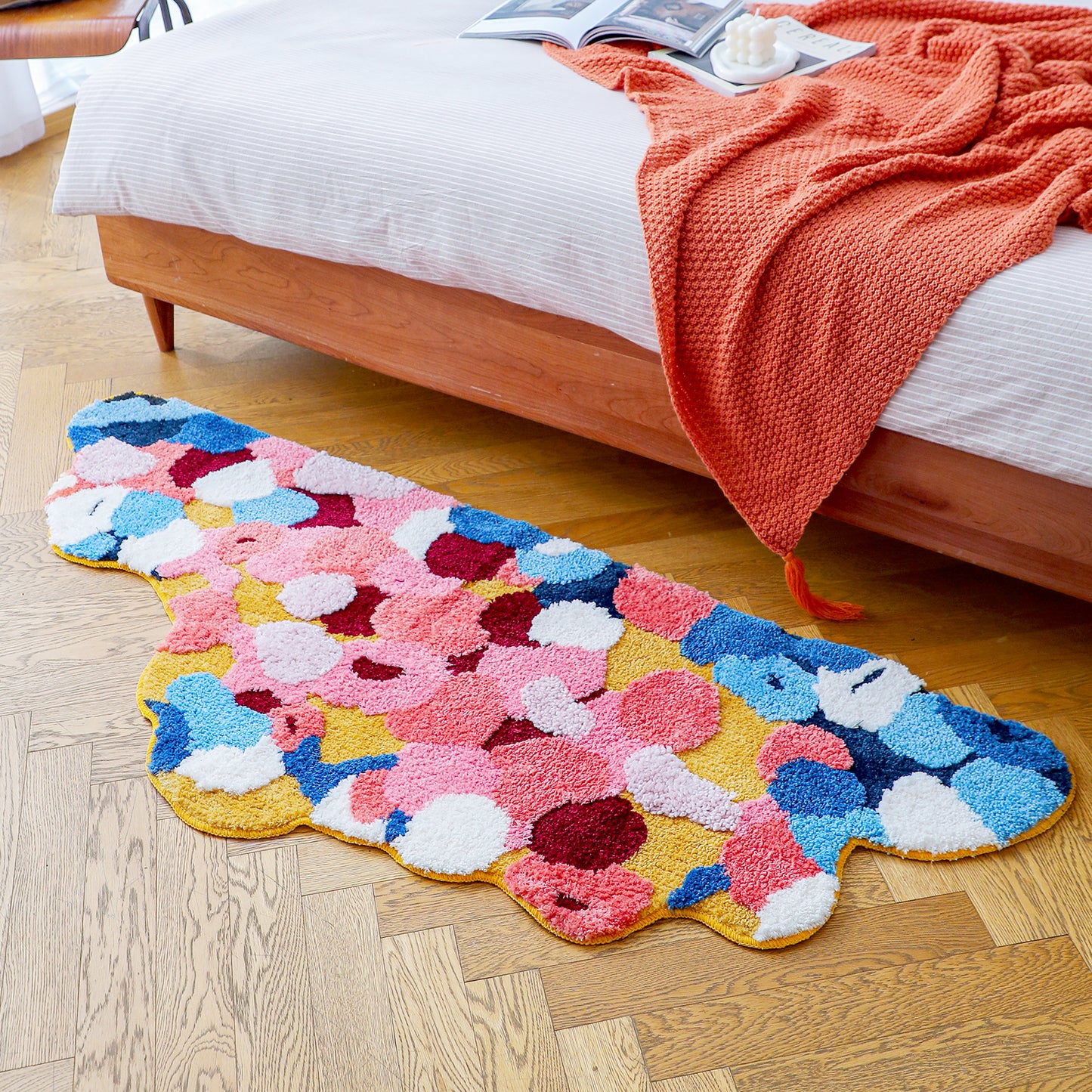 Pink Blue Moss Leaves Runner for Bedroom 25"x63", 65x160cm - Feblilac® Mat
