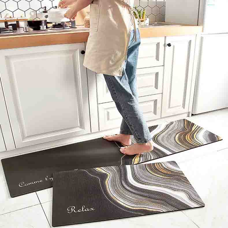 Feblilac Grey and Golden Line Art PVC Leather Kitchen Mat