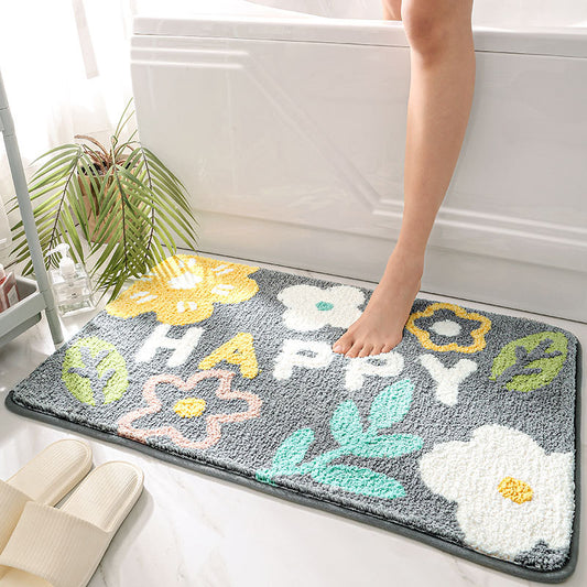 Feblilac Lovely Happy Flowers and Leaves Grey and White Ground Bath Mat - Feblilac® Mat