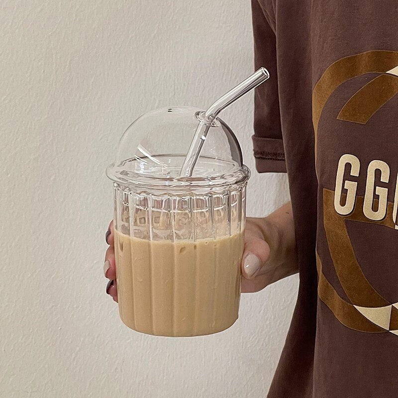 Ribbed Glass Cup with Lid & Straw