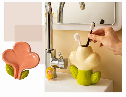 Feblilac Creative Ceramic Soap Box, Flower Toothbrush Holder, Sink Storage Cylinder, Bathroom Soap Box Decorative Ornament