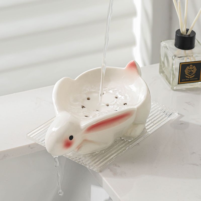 Feblilac Ceramic Soap Box Cartoon Cute Shy Rabbit Bathroom