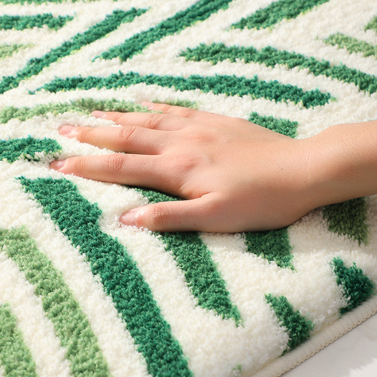 Feblilac Abstract Green Lines Bath Mat, Modern Leaves Art Rug for Bath