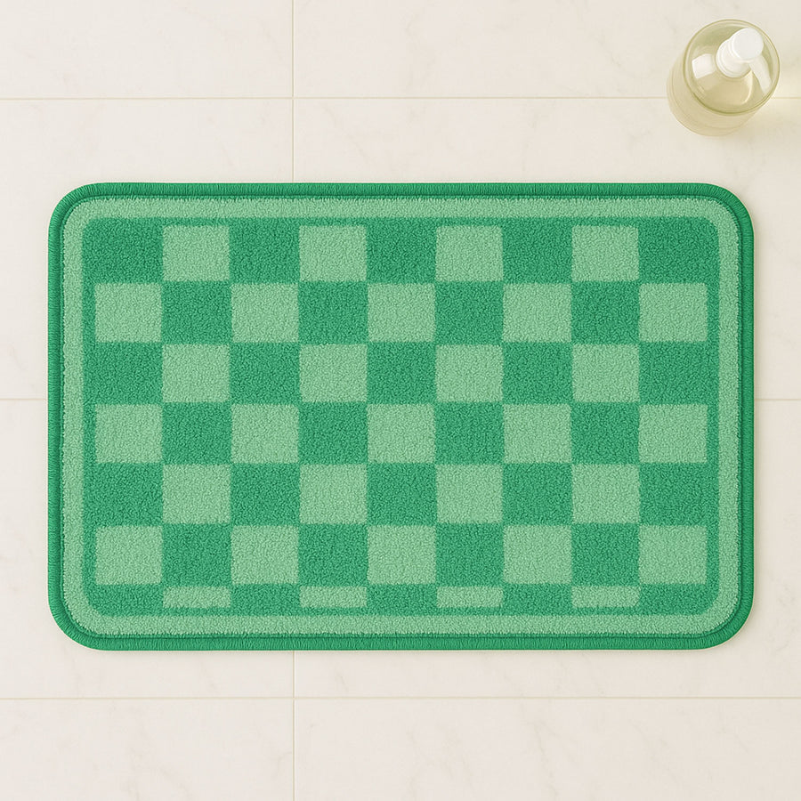 Feblilac Green Checkerboard Tufted Rug – Minimalist Non-Slip Bath Mat