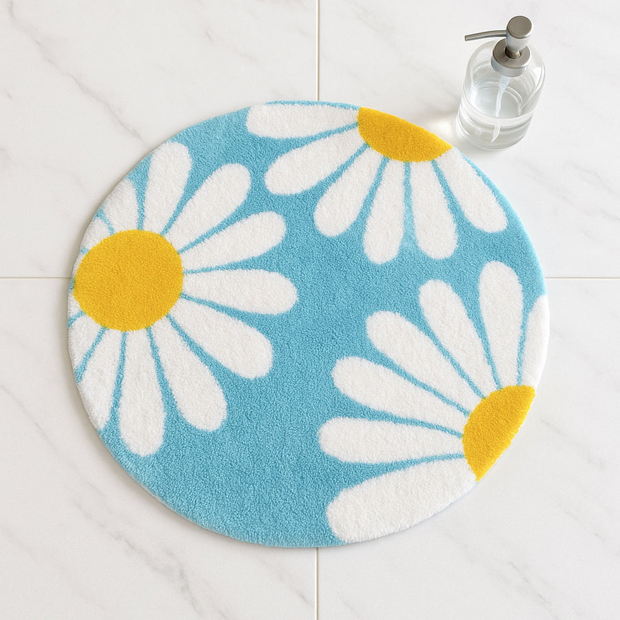 Feblilac Round Daisy Bath Mat – Blue Floral Tufted Rug