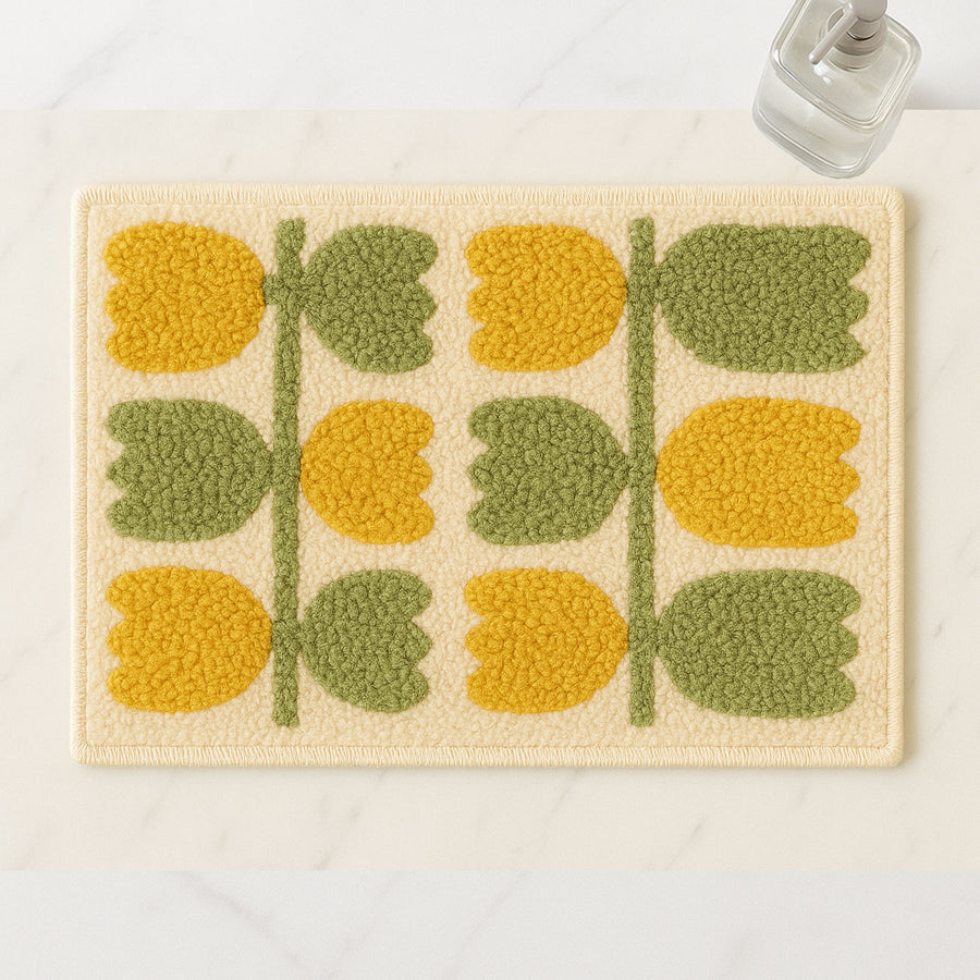 Feblilac Retro Tulip Bath Mat – Yellow & Green Floral Design