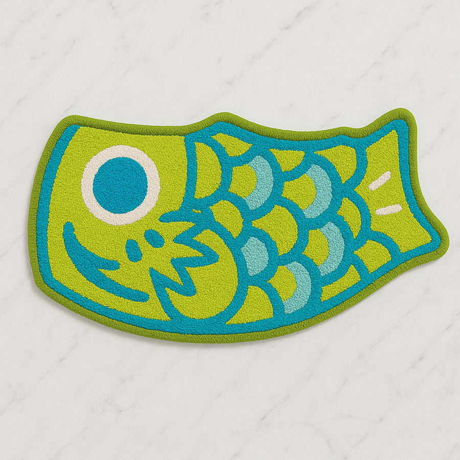 Feblilac Teal Japanese Koi Tufted Bath Mat, Green Blue Bathroom Rug