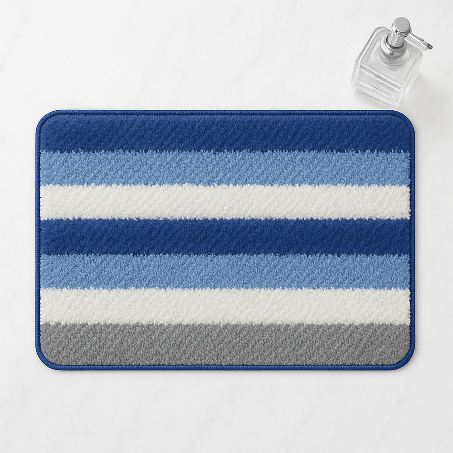 Feblilac Blue and White Stripes Tufted Bath Mat