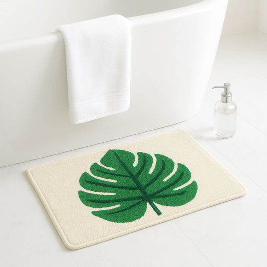 Feblilac Monstera Leaf Tufted Bath Mat – Soft & Absorbent Bathroom Rug, Non-Slip, Machine Washable