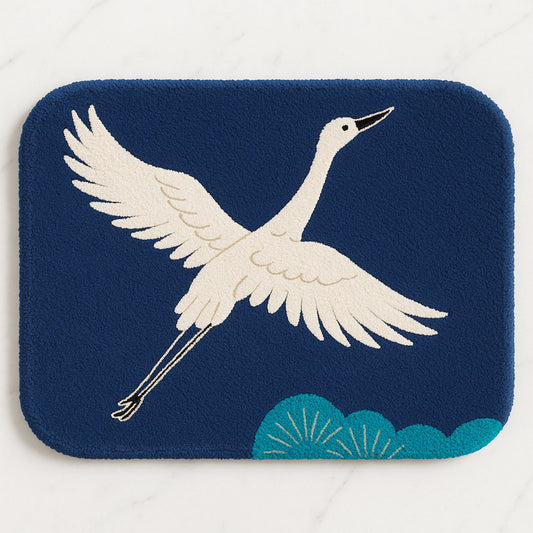 Feblilac Elegant Japanese Crane Tufted Bath Mat – Blue Sky Design, Soft & Absorbent Rug